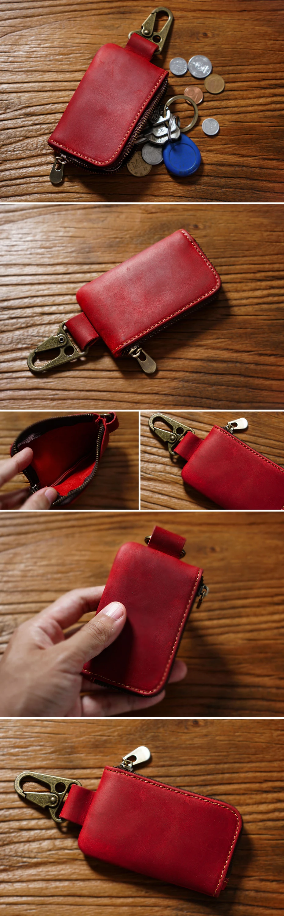 Multifunktionale Leder-Geldbörse mit Schlüsselanhänger, Ring, Schlüsselhalter, Geldbörse mit Karabinerhaken für Münzen, Schlüssel und Karten, Mini-Geldbörse – Detail 6