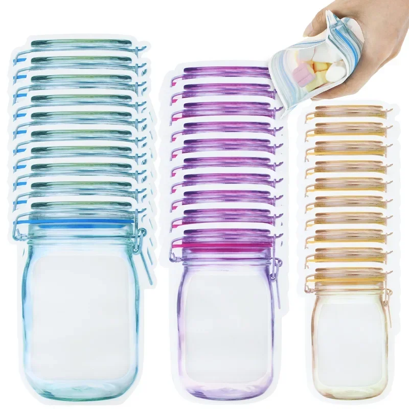 5/10pcs Reusable Mason Jar Bottles Bags Portable Mason Jar Zipper Self Food Saver Candy Storage Bag Snack Sandwich Zip Lock Bags