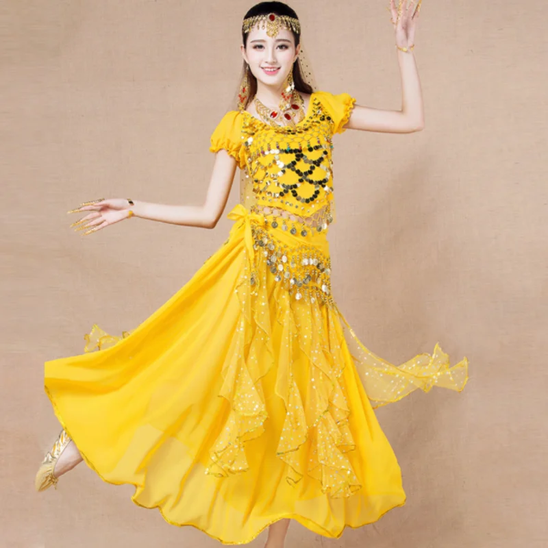 Women Belly Dance Pendant Coin Short Sleeve Top Ribbon Colorful Skirt Stage Performance Costume Indian Dance Practice Dress