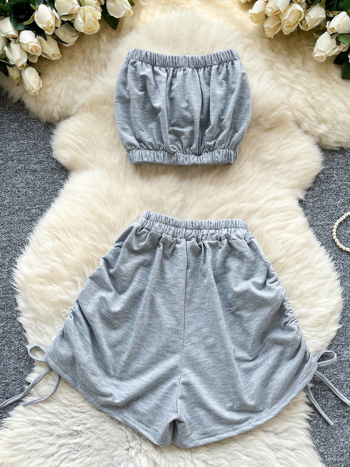 Dopne Pure Desire Sle Women's Summer Outfit Top Bot Matching Elastic Waist Wide Leg Dstring orts Two-Piece Set