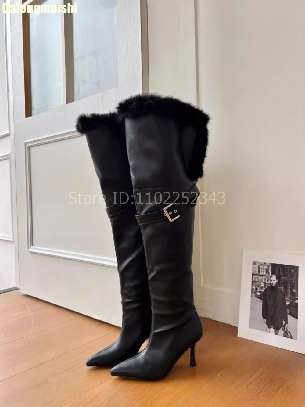 

Осень-зима 2026, модные сапоги выше колена, бархатные черные кожаные сапоги на шпильке, длинные сапоги с меховой пряжкой на ремне