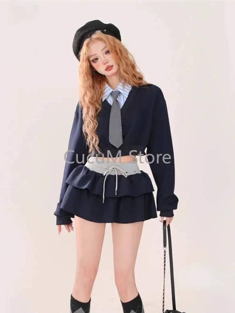 2024 New American Vintage 2-częściowy zestaw E-girls Patchwork Y2k Sweatershirt Tops + Sweet Fashion Mini Skirt Hoodie Women Design