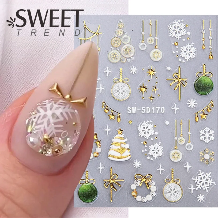 5D Bubbles Pendant Embossed Christmas Nail Art Stickers Xmas Tree Snowflakes Self Adhesive Decals  Sliders Winter Manicure Decor