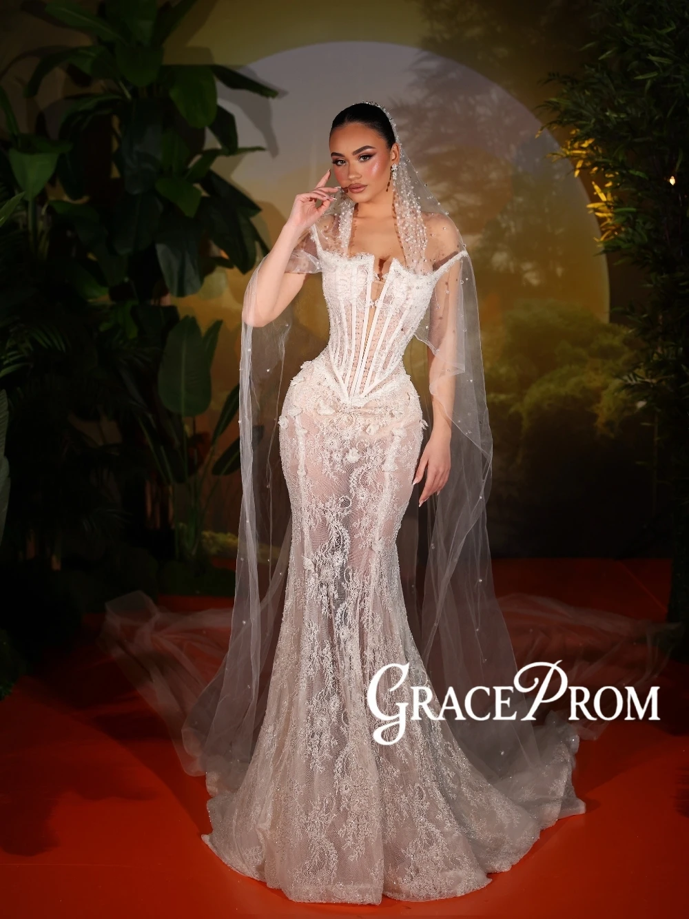 

Chic Corset Dreamy Lace Wedding Dress Sexy Illusion Mermaid Customized Bridal Gown Modern Charming Beaded Women Wear No Veil