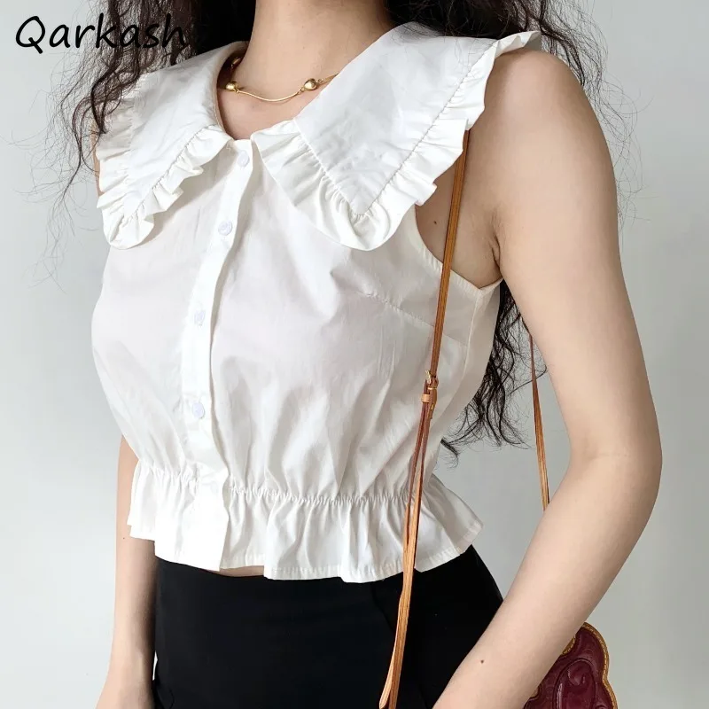 Tanks Women Peter Pan Collar Ruffled Design Sleeveless All-match Sexy Streetwear Korean Fashion Summer Ladies Tops Ins Stylish