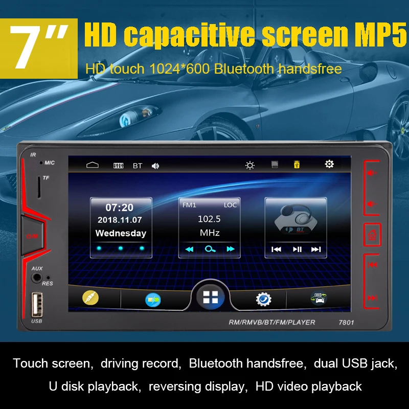 

Car Radio 2DIN 7 inch support Bluetooth Call Reversing Priority MP5 Player 12V TF Card Capacitive Screen FM AUX IN 1080P