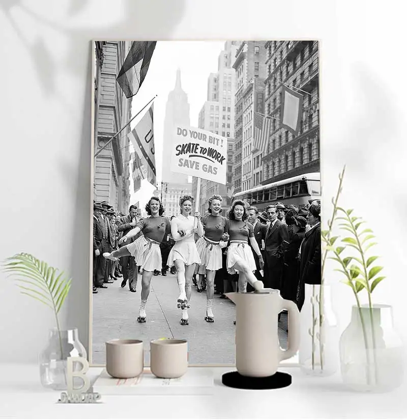 Skate To Work Roller Skating World War II Black and White Canvas Poster Home Wall Art Decor 1940's Vintage Photography Prints