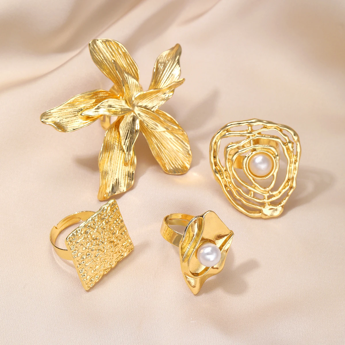 4 قطع مكتنزة خمر موجة هندسية محكم فو اللؤلؤ الدائري مجموعة الأزياء والمجوهرات المعدنية للنساء عطلة حزب تاريخ هدية عارضة #4