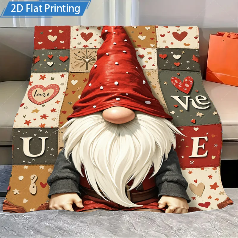 Couverture polaire en flanelle, 1 pièce, mignon, Gnome de jardin, amour, cœur, Patchwork, confortable, décor de saint-valentin, couverture douce