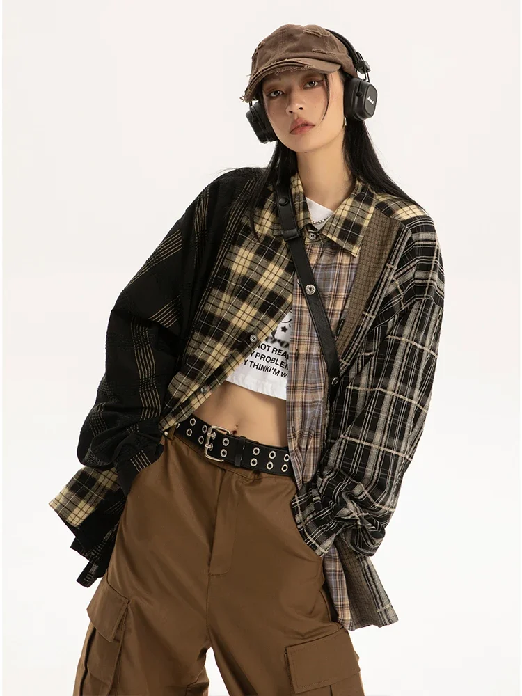 2022 Early Autumn Women New Vintage Plaid Turn-down Collar Over-shirt Long Sleeve Streetwear Loose Patchwork Harajuku Blouses