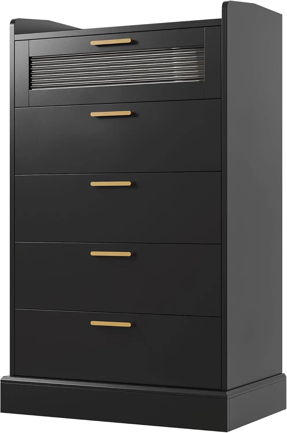 Modern 5 Drawer Dresser, Tall Dresser Chest of Drawers with Gold Handles Wood Dresser Storage Cabinet with Anti-Drop Fence Black