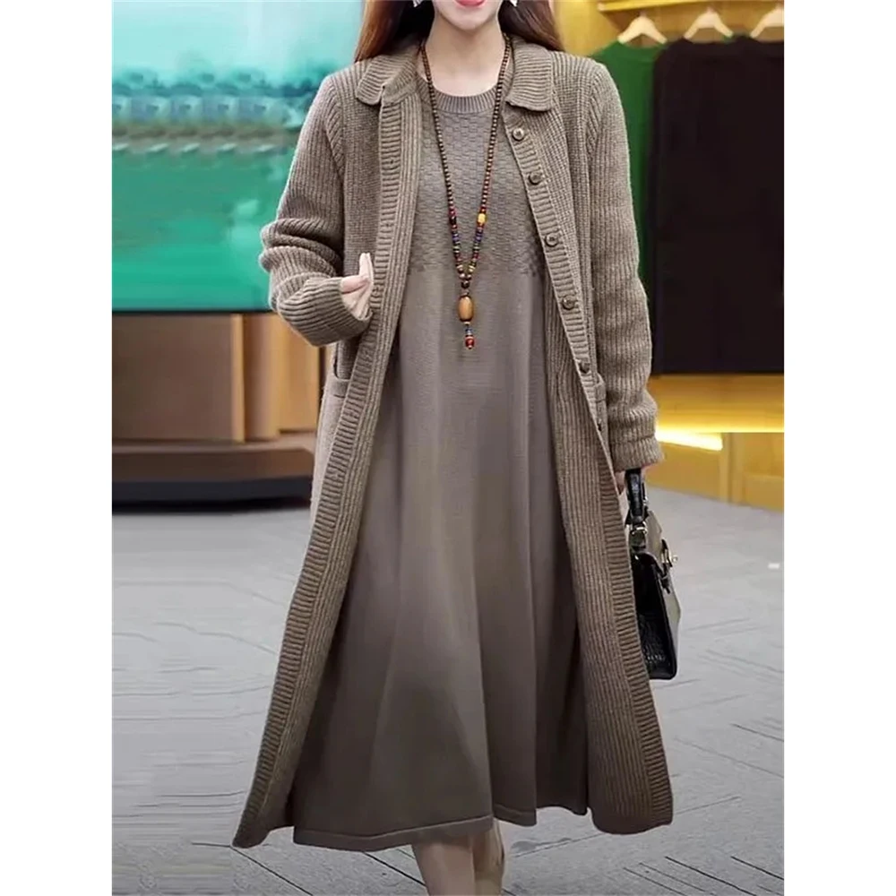 

Модный длинный вязаный кардиган, свитер, осень-зима, женский длинный шерстяной свитер, пальто, повседневный утепленный женский кардиган, вязаная куртка