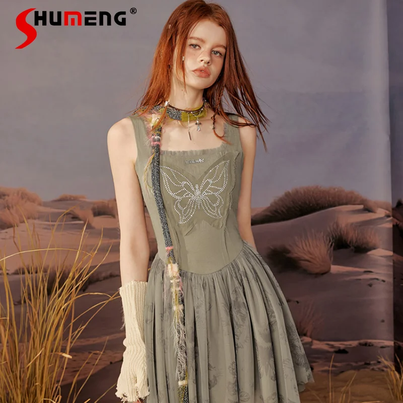 

Hot Girl Streetwear Fashion Butterfly Embroidered JSK Women Waste Soil Style Mesh Stitching Slim-Fit Summer Dresses Short Dress