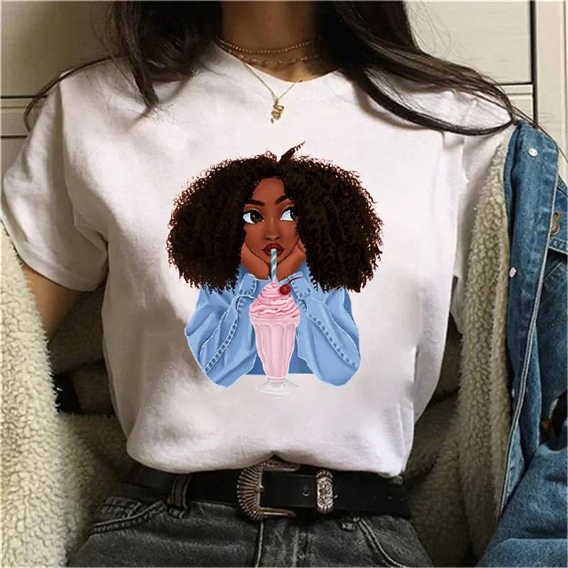 Fashion Cute Cartoon Curly Black Girl Cartoon Print Short Sleeve Top Ladies T-shirt Loose Ins Harajuku  Graphic T Shirts  Tops