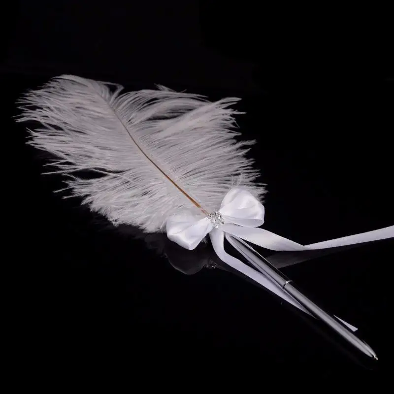 1Pc White Long Ostrich Feather Quill Rhinestone For Wedding Guest Book Signing Pen
