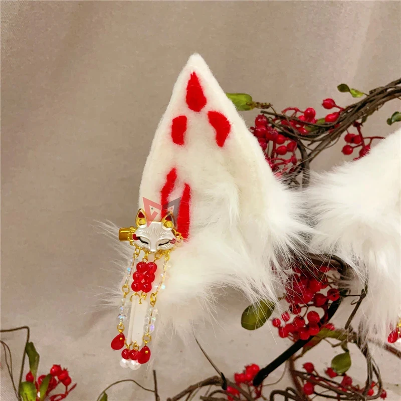 

CyNew Hand Made Work Ninetales Fox Ears Hairhoop Headwear Earrings Tails Red White Color Costume Accessories Custom Made