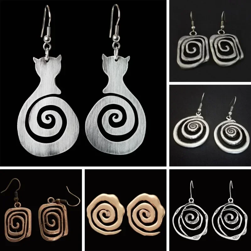 Vintage Ethnic Aged Antique Silver Color Swirls Dangle Earrings Exaggerated Spiral Geometric Minimalist Jewelry Accessories