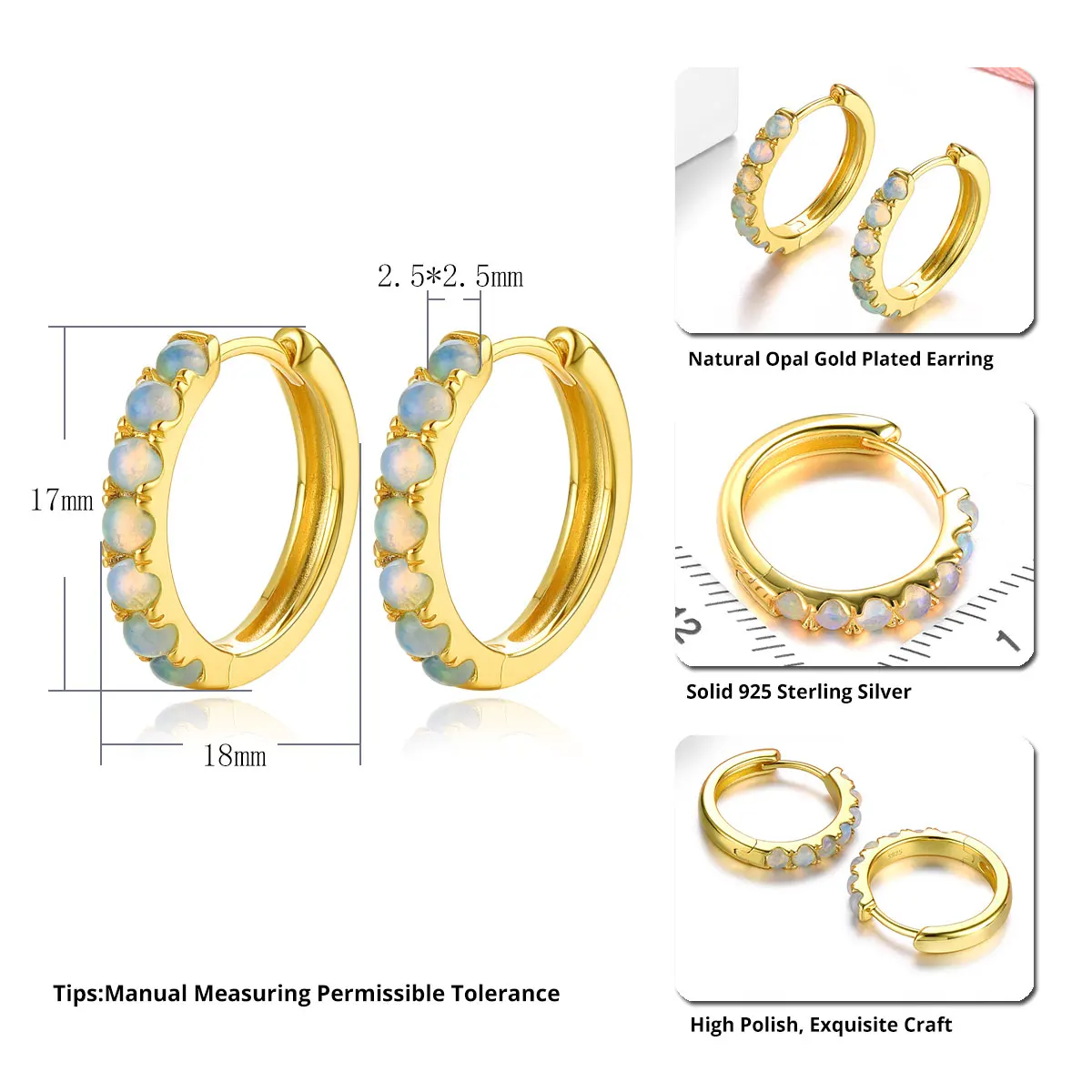 Natural Opal Sterling Silver Yellow Gold Plated Hoop Earrings 0.8 Carats Genuine White Opal Cabochon Original Design for Women