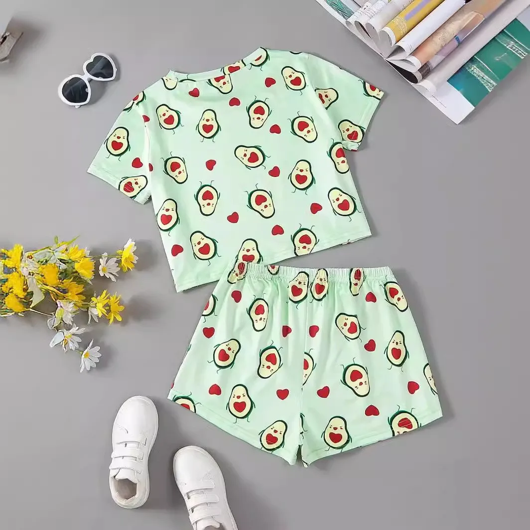 Women\'s Plant Avocado Print Pajama Set - Soft  Comfortable Loungewear with Short Sleeve Crew Neck Top and Shorts Sleepwear