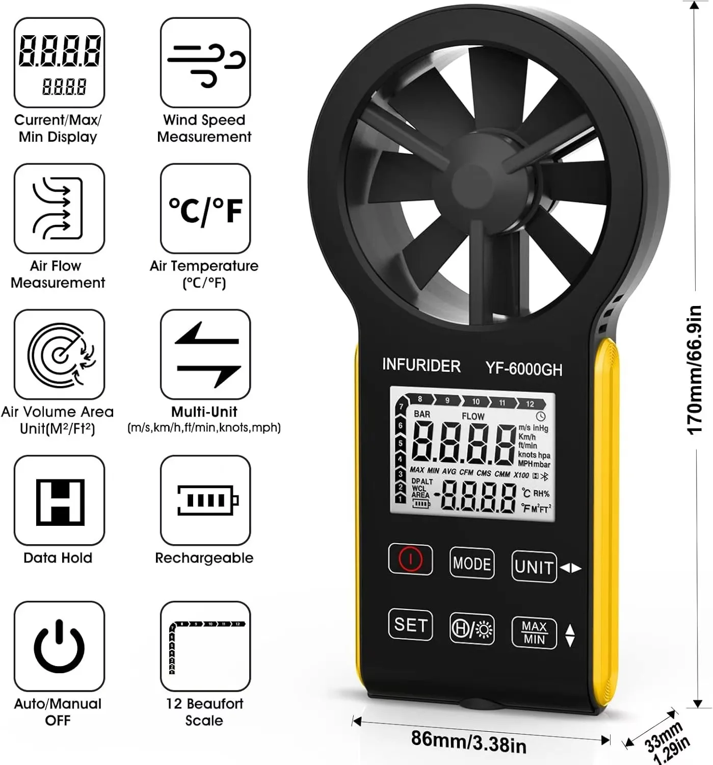 مقياس شدة الريح القابل لإعادة الشحن، مقياس سرعة الرياح الرقمي الذكي الذي يعمل باللمس، مقياس سرعة الرياح CFM المحمول لقياس تدفق الهواء