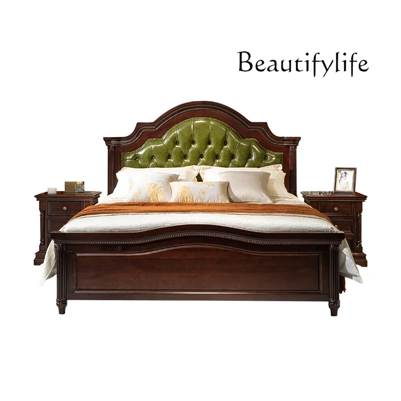

American retro double bed bedroom luxury leather bed first layer cowhide luxury all solid wood 1.8 meters large wedding bed