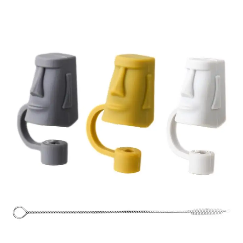 Silicone Straw Covers Cute Statue Of Moai Reusable Straw Tips Cover Universal Food Grade Milk Tea Straw Cup Accessories