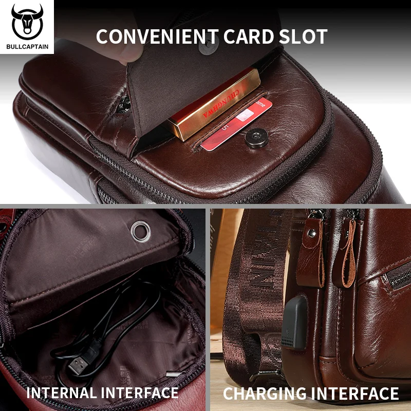 Men's Genuine Leather Single-shoulder Messenger Chest Bag Soft Top Layer Cowhide Retro Double-layer Card Charging Pocket