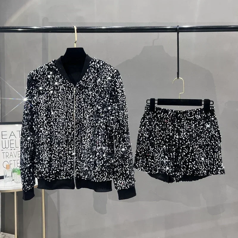 

Высококачественная куртка с блестками в уличном стиле, женский пиджак, топ на молнии, бейсбольная форма, повседневный универсальный утягивающий комплект из 2 предметов