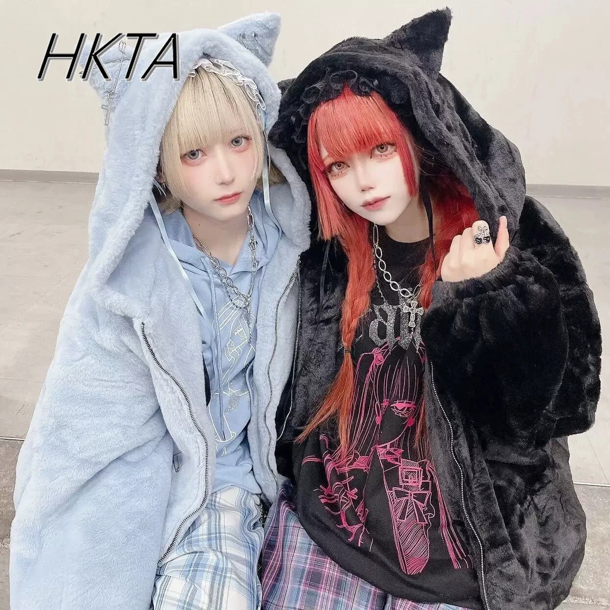 Winter Cute Cat Ears Plush Hoodies Jacket Soft Sister Sweet Lolita Clothes Mines Japanese Subculture Imitation Rabbit Fur Coat