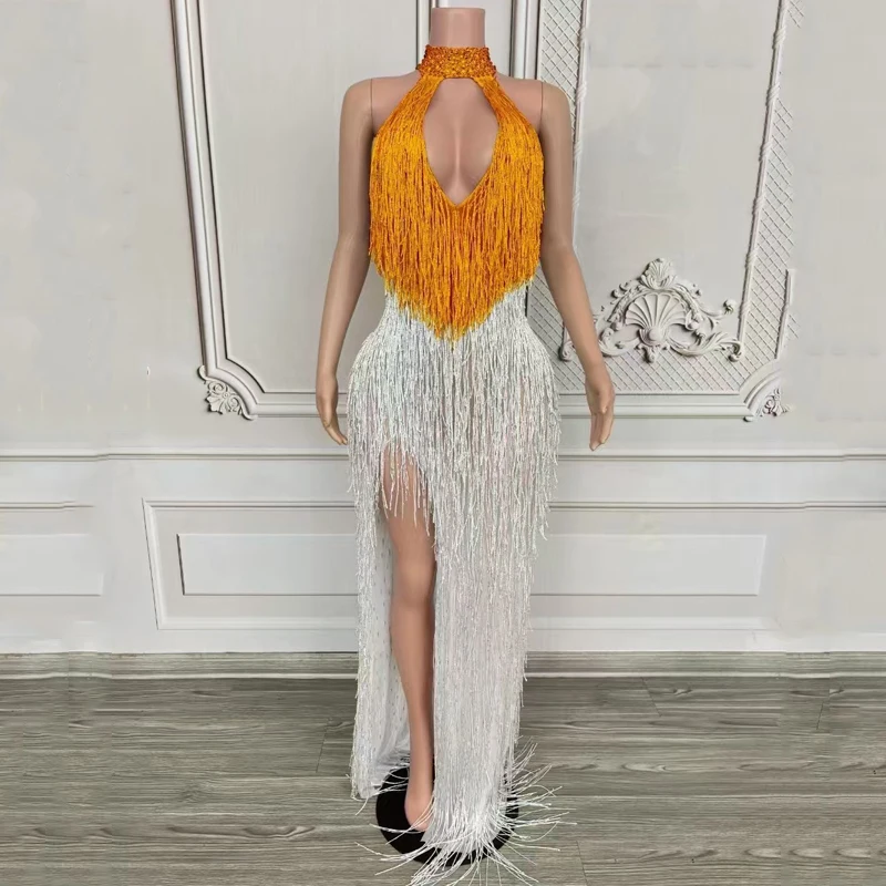 6 カラーブロックフリンジパーティードレス女性祝うフェスティバル衣装ナイトクラブバーイブニングドレスステージキャットウォーク衣装 XS10143