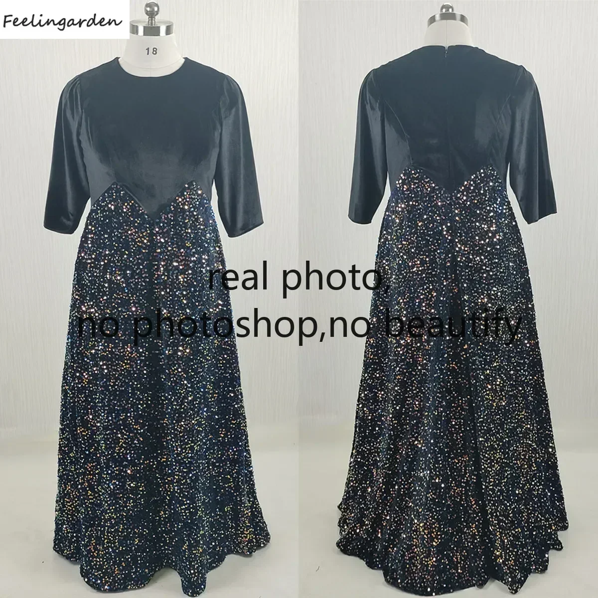 Feelingarden Customized Modest Evening Dress Black Velvet Sequins O-neck 3/4 Sleeves A-line Plus size Real Photo Lady Party Gown