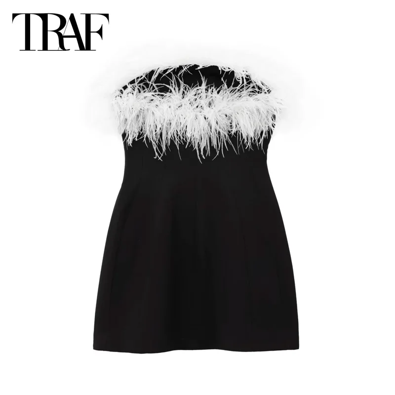 TRAF-Vestidos cortos con corsé, minivestidos de plumas con hombros descubiertos, sexys, elegantes, para fiesta, sin espalda, color negro, otoño 2024