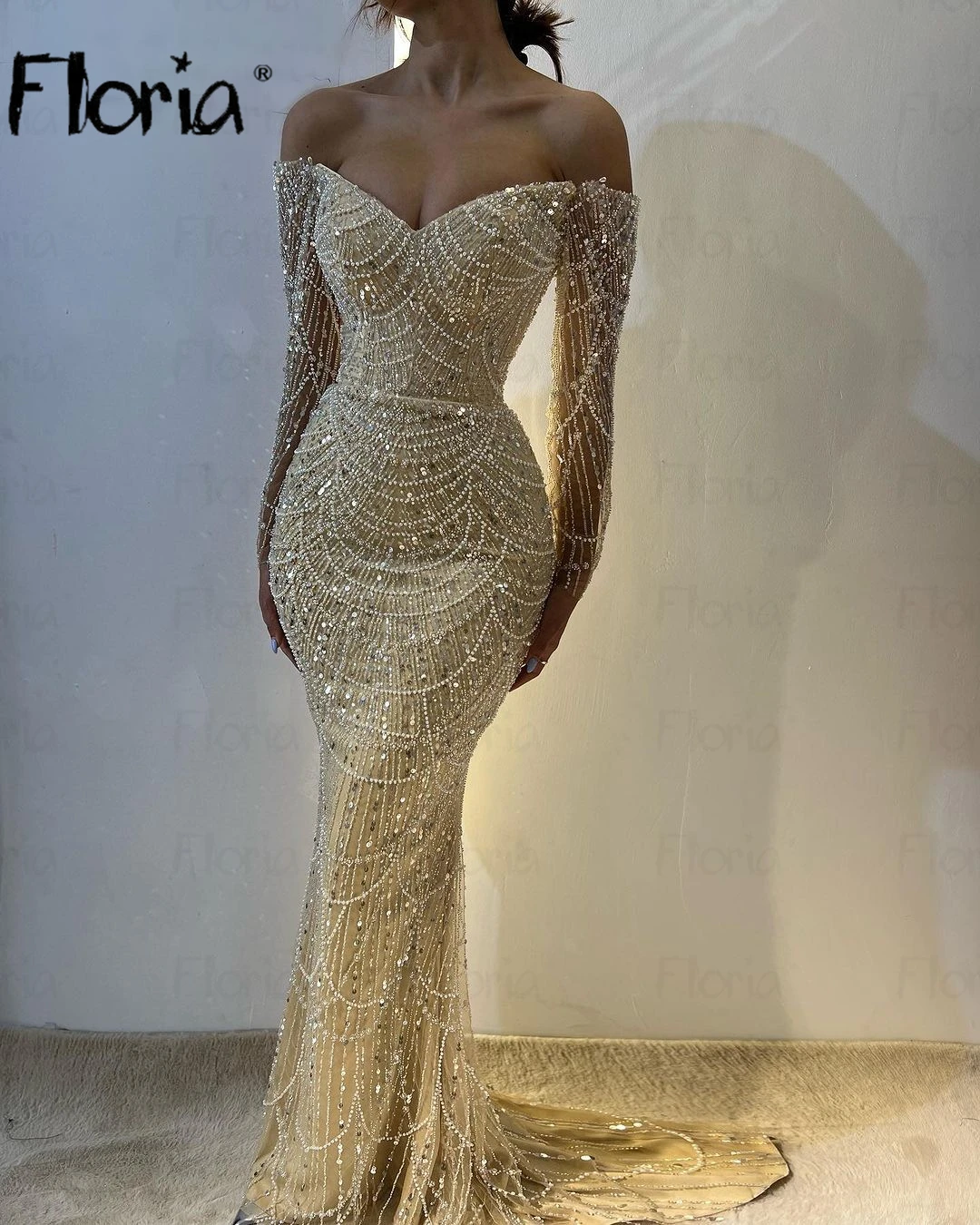 Off Shoulder Champagne Sparkle Mermaid Evening Dress Sequins Elegant Gold Night Dinner Gowns Wedding Party Gowns Custom Made