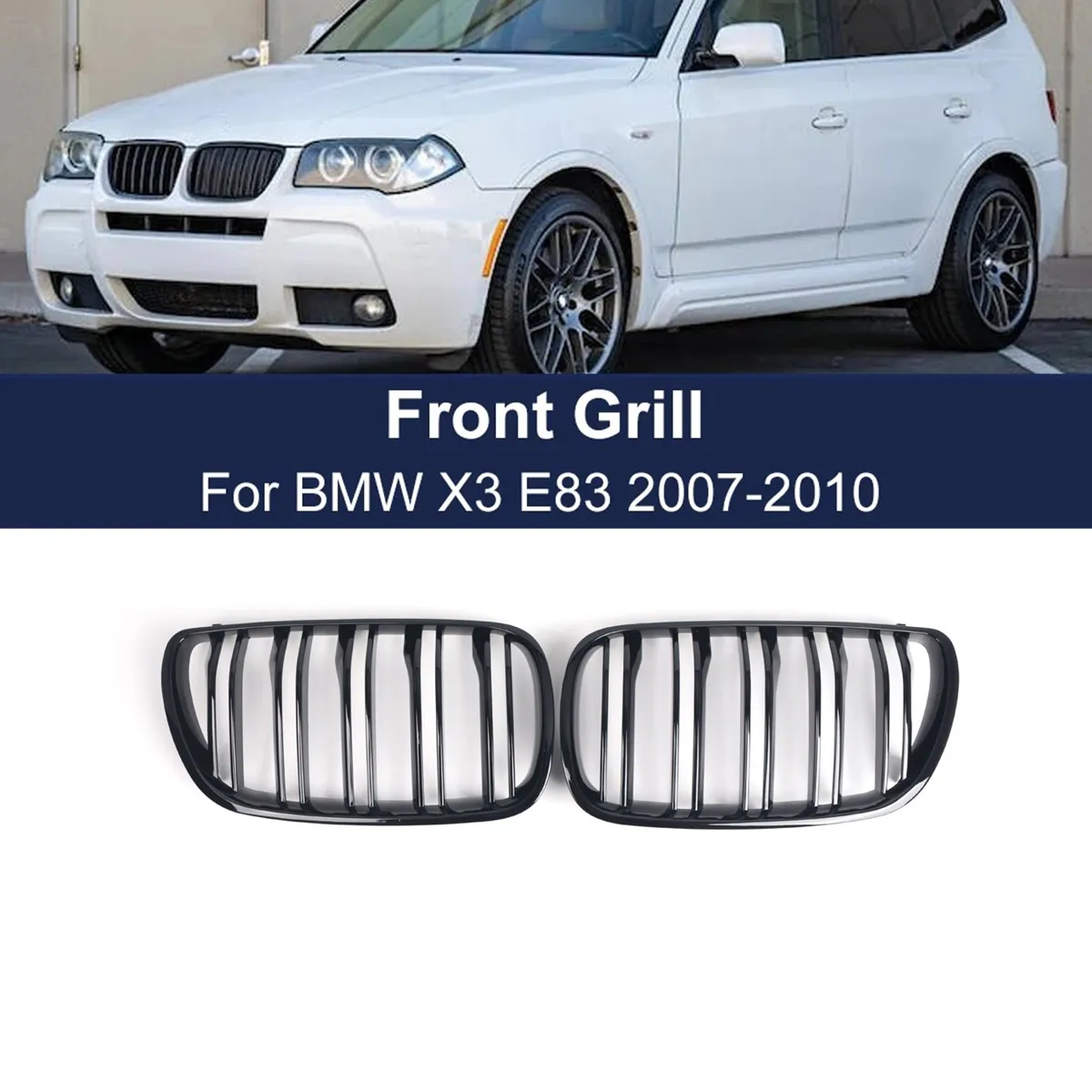 Pair Car Front Kidney Grille Grills For BMW X3 E83 Diesel Petrol SUV 2007-2010 Glossy Black Double slat Hood Grill Racing Grills