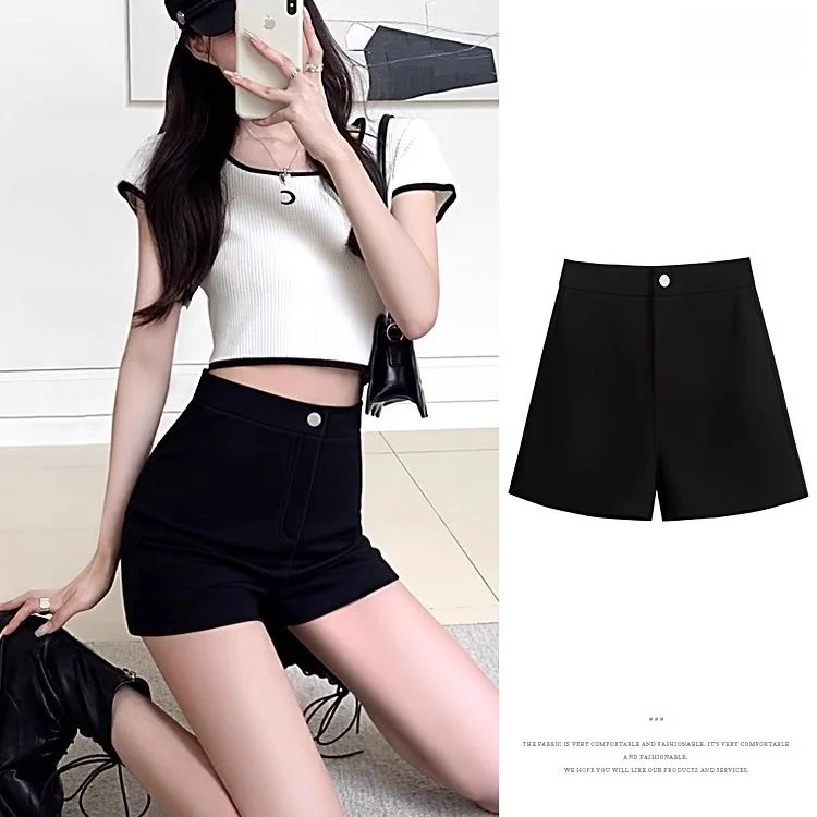 

Summer Casual Black Straight Leg Short Pants Women's Spicy Girl Design Versatile Slimming Suit Hot Pants Irregular Loose Fit