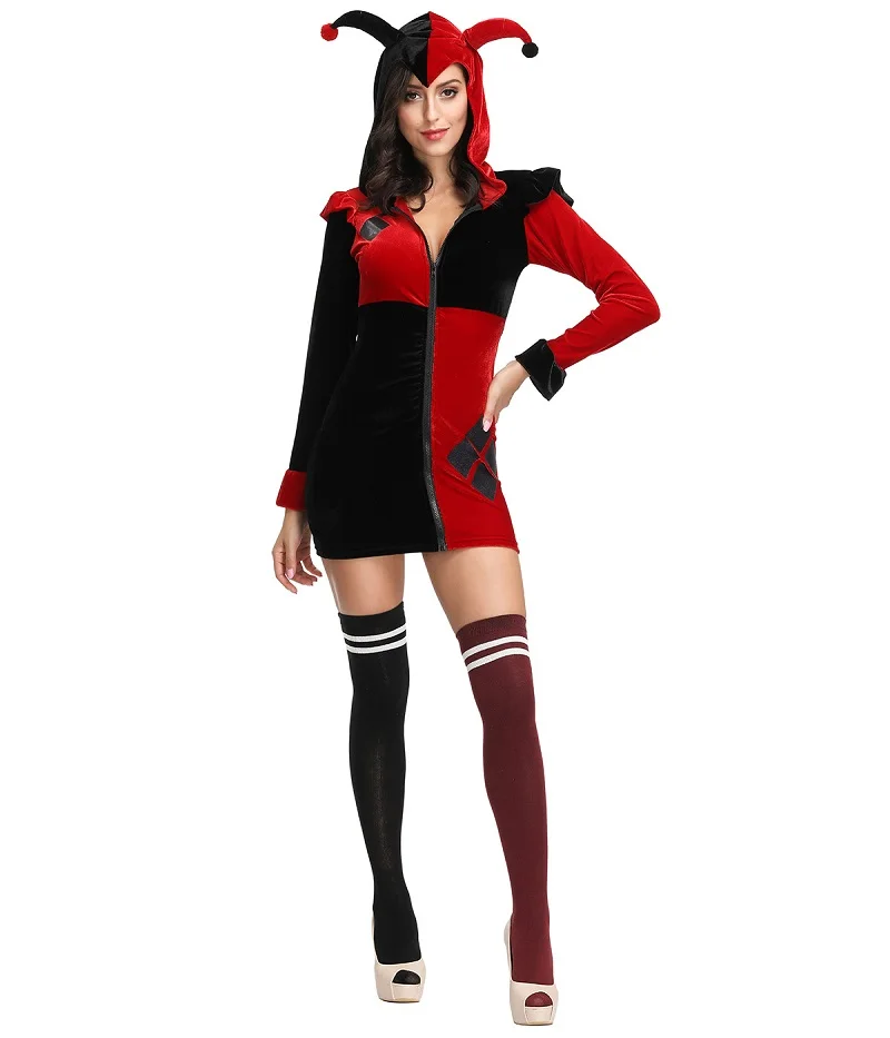 Joker Cosplay Costume para mulheres, Palhaço, Circo, Vestido extravagante, Halloween, Preto, Vermelho