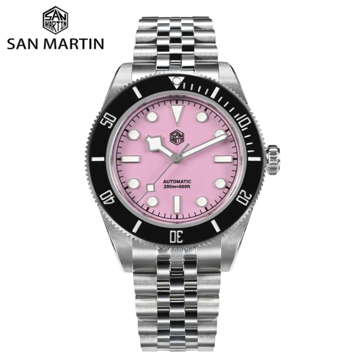 

San Martin 40mm Enamel Pink Dial Men's Wrist Watch Diver Mechanical NH35 Jubilee Bracelet Sapphire Waterproof Self-Wind SN0128-4