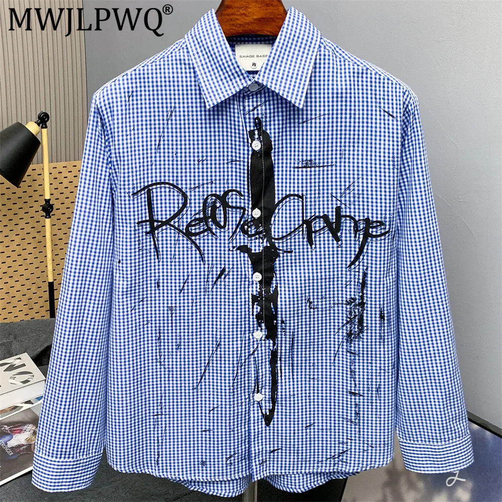 MWJLPWQ Splatter-Paint Graffiti Letter Plaid Long-Sleeve Shirt For Men Hip-Hop Trendy Spring Autumn Distressed Lapel Tops 20637