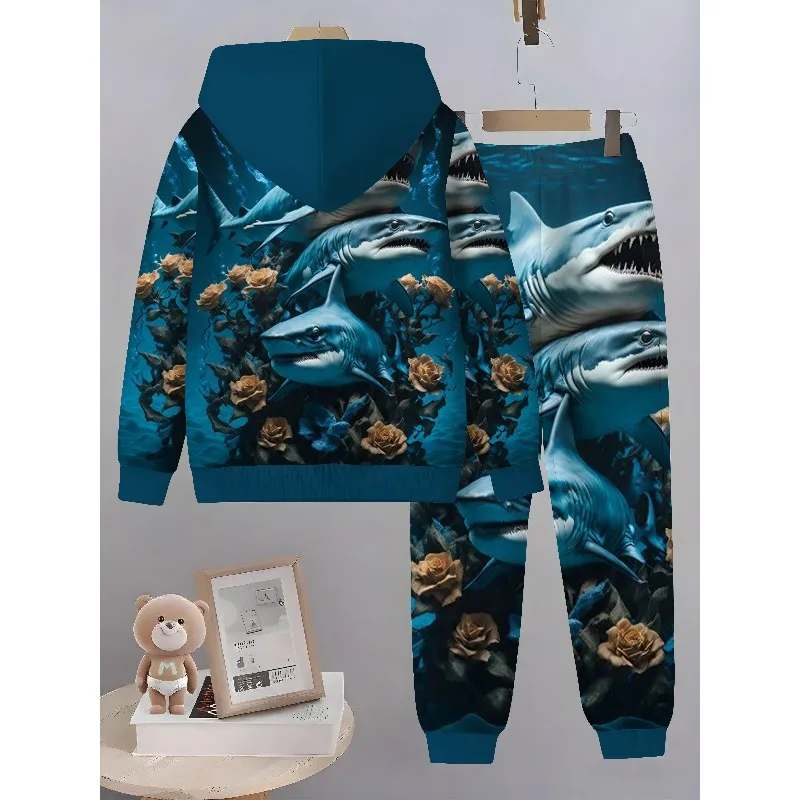2025 3D Digital Marine Animal imprimé sweat à capuche et pantalon de sport 2 pièces ensemble Simple et à la mode décontracté à manches longues ensemble