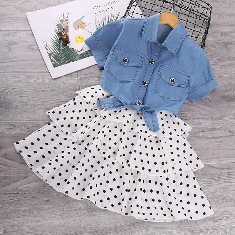 2Pcs Kids Dresses for Girls Elegant Sling Princess Dress Blue Denim Jacket 3-11 Years Girl Flower Dress Summer Children Clothes