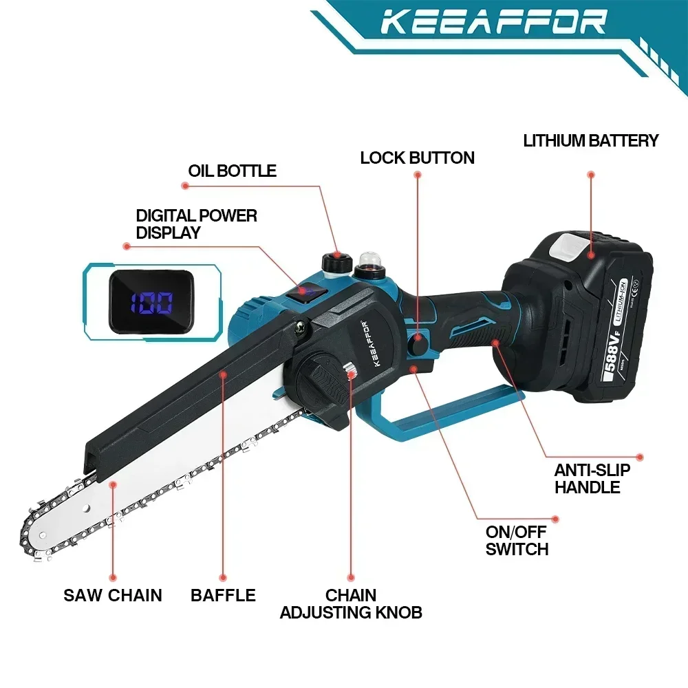 KEEAFFOR 8 Inch Brushless Electric Saw Automatic Oiler Chainsaw Handheld Garden Pruning Woodworking Tool for Makita 18V Battery