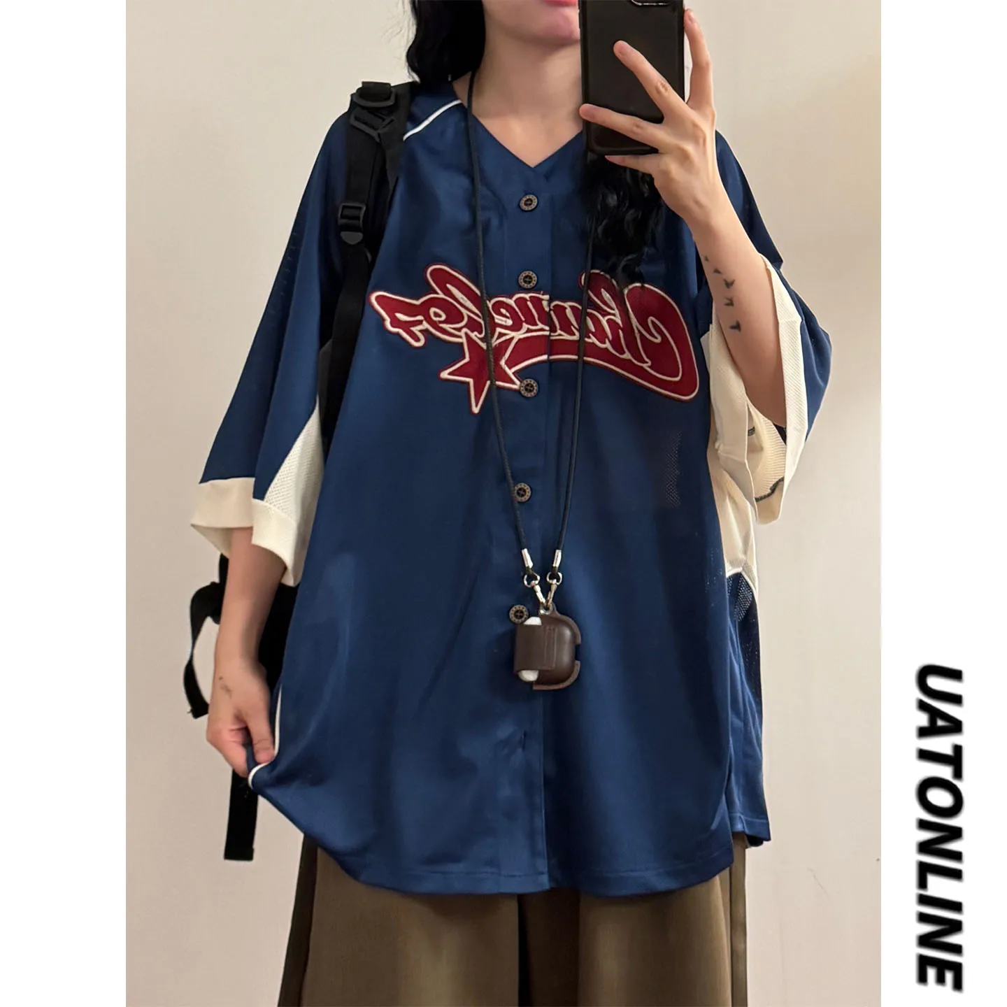 

UATONLINE2026 Summer Trendy Baseball Jacket Unisex Casual Simple Short Sleeve Shirt Loose Fit Regular Sleeve Length Button Cl...