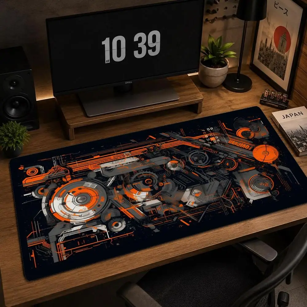 Large Cyberpunk Mechanical Gear XXL Mousepad Orange Circuit Art Deskmat Non-Slip Rubber Gaming Pc Keyboard Desk Gamer Mats