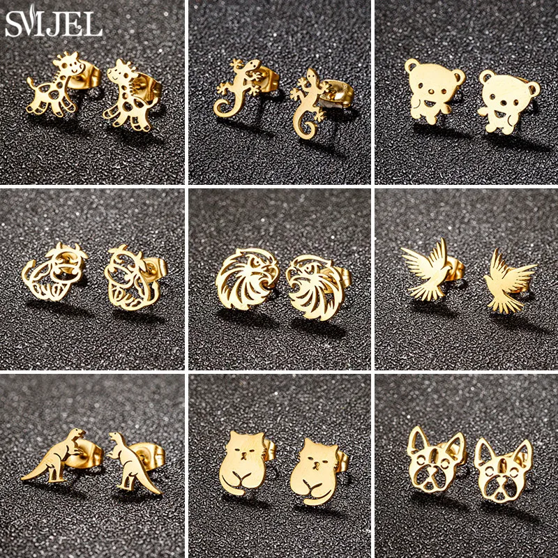 Golden Minimalist Stainless Steel Animal Earrings for Women Fashion Giraffe Lizard Eagle Swallow Small Ear Studs Pendientes Gift