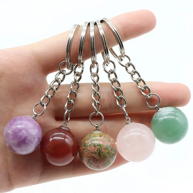 Round Ball Natural Crystal Stone Key Chain Healing Sphere Charms Agates Opal Pink Quartz Key Rings Holder for Women Men Car Bag