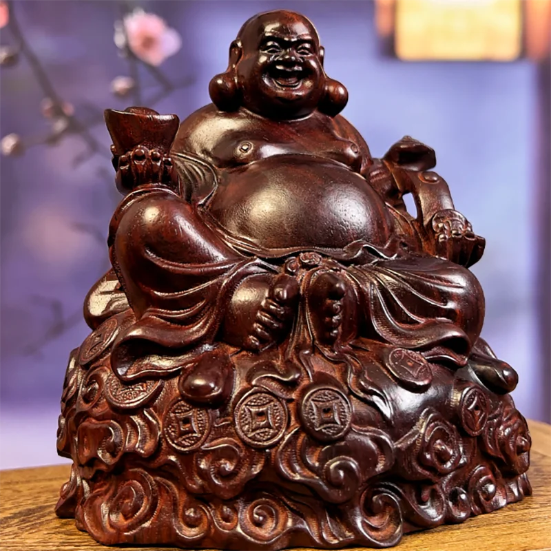 YZ335 - 12.9 X 11.5 X 9 cm Rosewood Carved Figurine - Budddha with Ruyi and Yuan Bao Buddhist