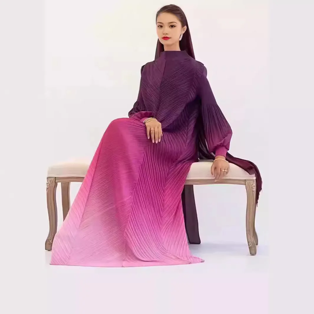 Miyake Pleated Maxi Long Miyake Dress Gradient Color Lantern Sleeves Half Turtleneck Formal Dresses for Women 2024 New Dresses