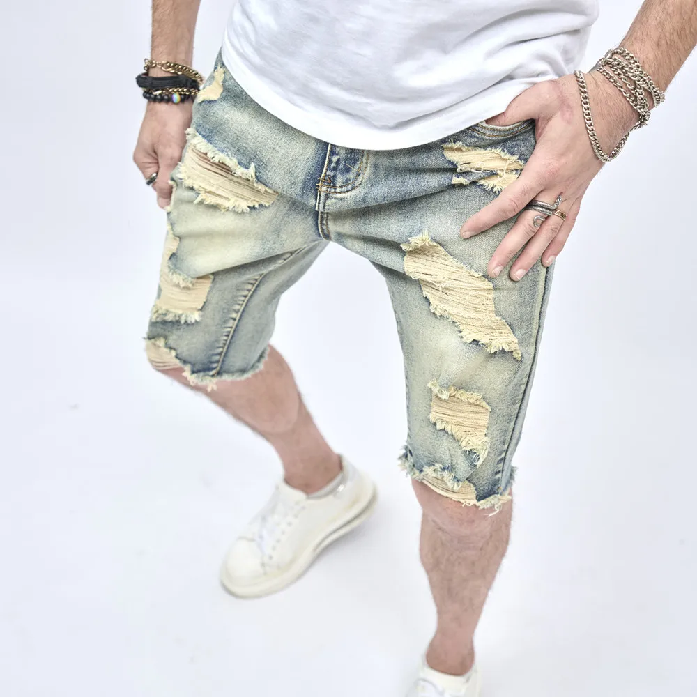 Summer Retro Style Ripped Men Slim Denim Shorts Stylish Cotton Men Street Holes Casual Beach Straight Shorts