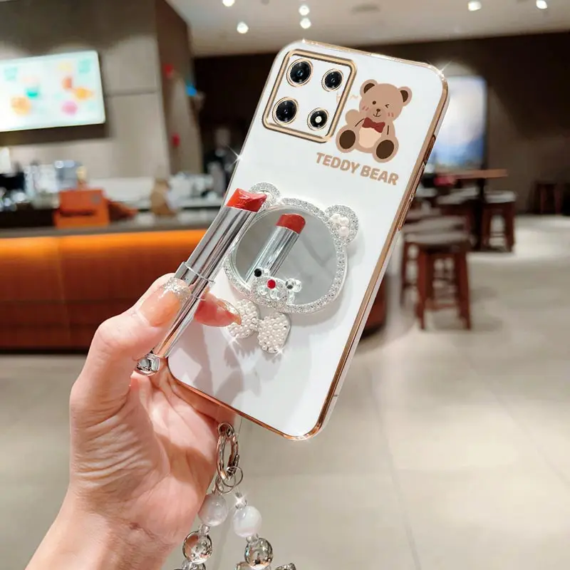 โบว์หมีกระจกสร้อยข้อมือไข่มุกชุบเคสโทรศัพท์สําหรับInfinix Note 8i 10 11 11S 12 30 30i Pro Vip 4G 5Gฝาครอบ