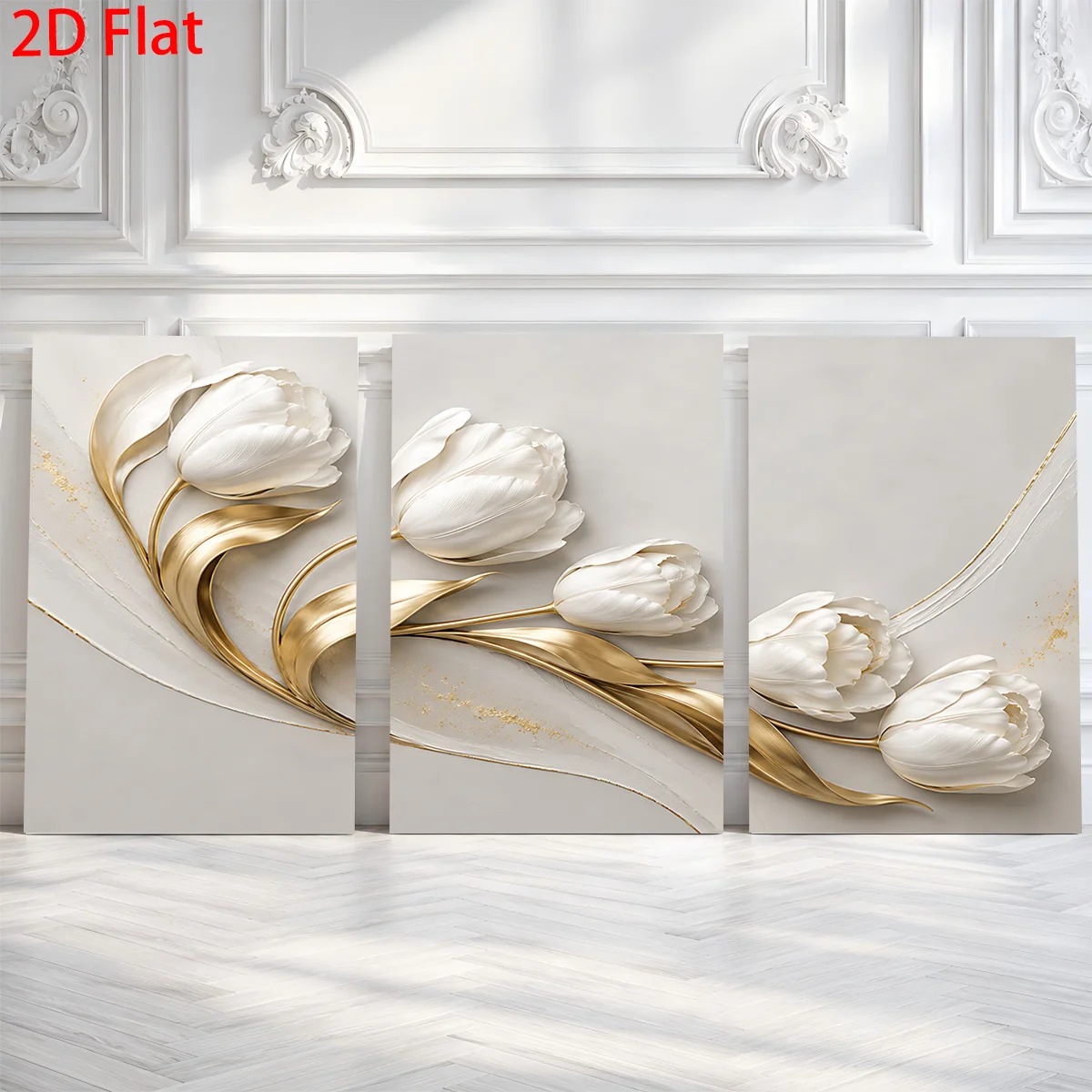 Frameless 3 Pieces 2D Flat- Three panels with white tulips and gold leaves on light gray background Themed Canvas Wall Art, W